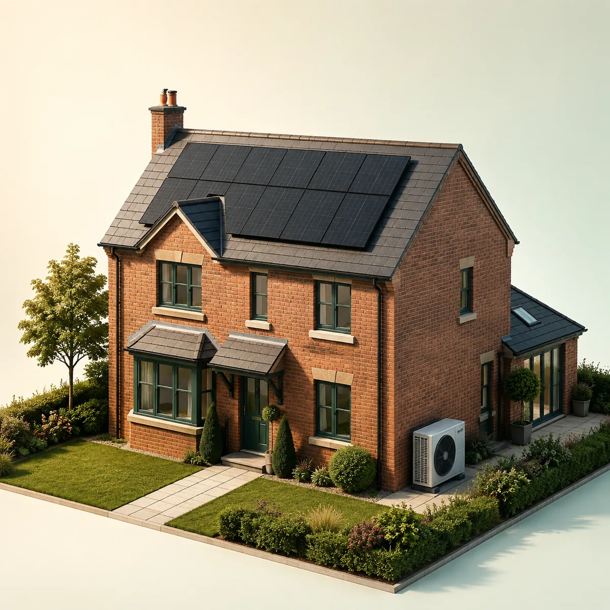 Illustration of a UK home with solar panels and an air source heat pump.