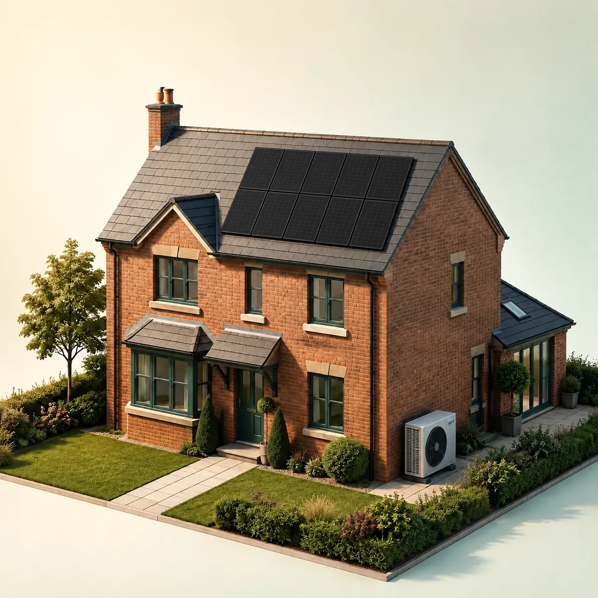 Illustration of a UK home with solar panels and an air source heat pump.