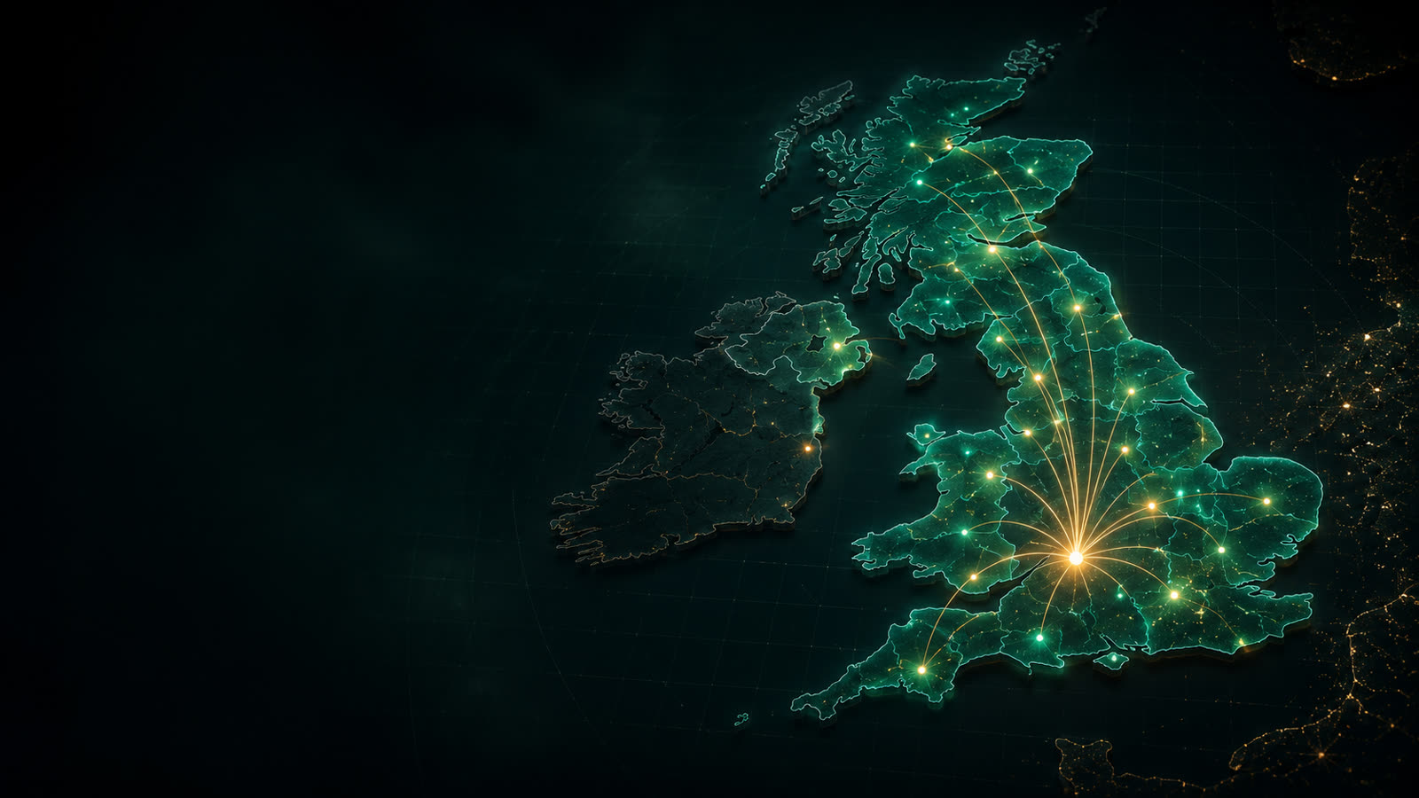 UK map visual showing protected solar lead generation routes from local homeowners into one installer territory.