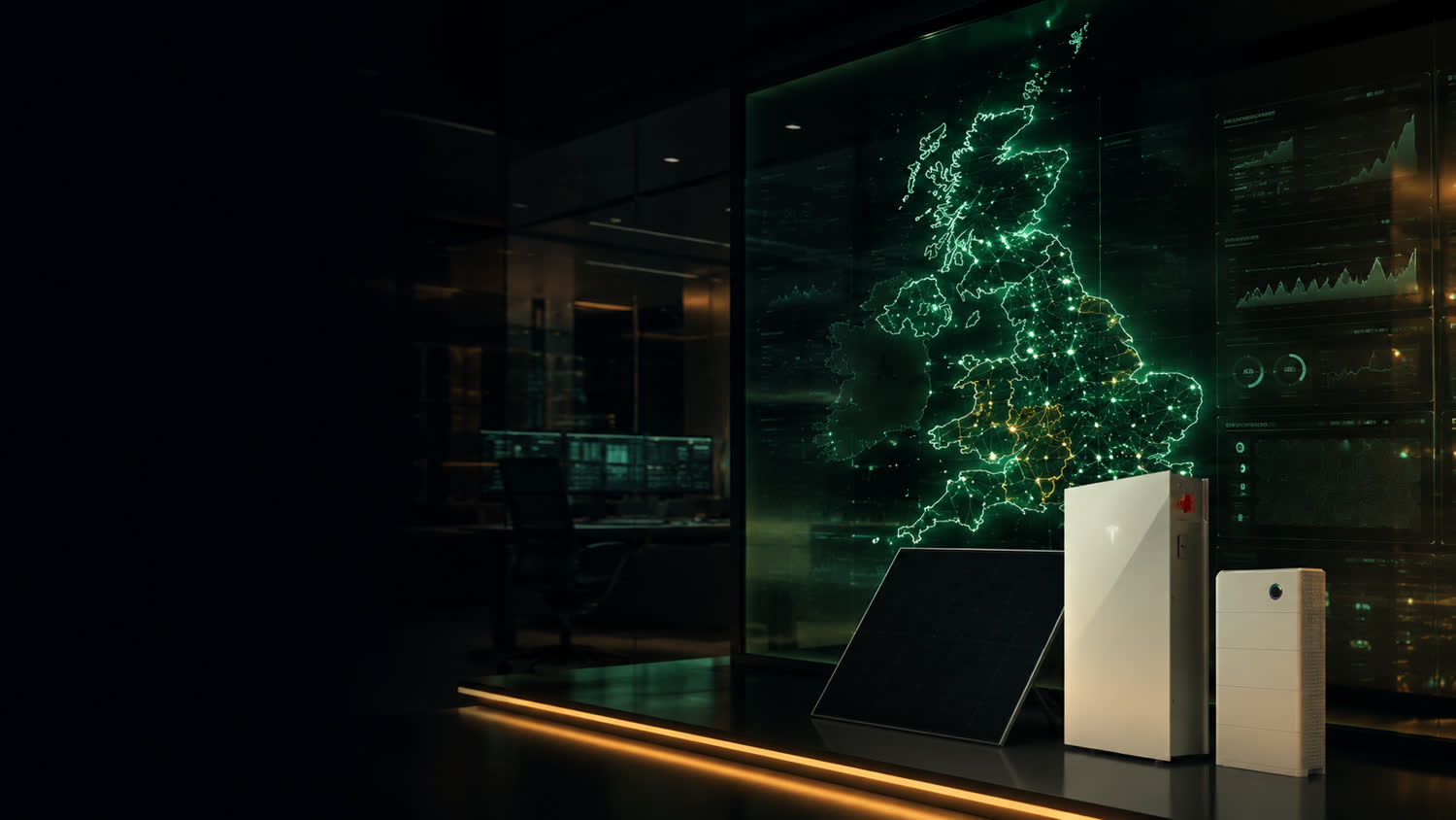Solar lead generation control room with UK demand map, solar panel hardware, battery storage, and private acquisition dashboards.